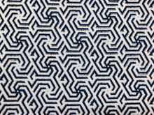 Load image into Gallery viewer, Quadrille China Seas Maze Two Color Navy Blue on Tint Linen Hand Printed Fabric