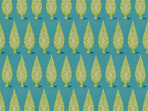 Turquoise Blue Green Cream Botanical Tree Print Cotton Upholstery Drapery Fabric