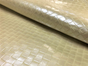 Cream Pearlescent Shimmering Basket Weave Geometric Pattern Faux Leather Upholstery Vinyl