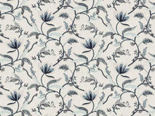 Load image into Gallery viewer, White Navy Aqua Blue Beige Embroidered Crewel Floral Drapery Fabric