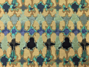 Designer Water & Stain Resistant Abstract Navy Royal Blue Turquoise Aqua Khaki Upholstery Fabric