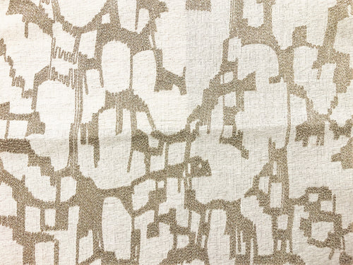 Linen Cotton Metallic Beige Oatmeal Gold Abstract Embroidered Upholstery Drapery Fabric