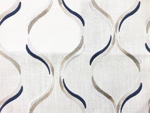 Load image into Gallery viewer, Ivory Taupe Navy Blue Embroidered Geometric Trellis Drapery Fabric