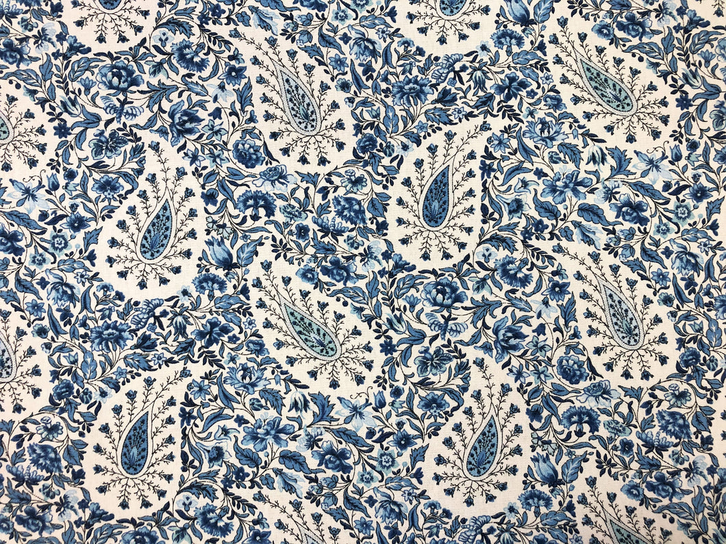 Waverly Paisley Verveine Bluejay Cotton Navy Blue Ivory Floral Upholstery Drapery Fabric