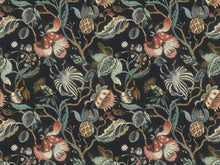 Load image into Gallery viewer, British Made Cotton Linen Black Coral Red Olive Blue Ivory Teal Jacobean Floral Upholstery Drapery Fabric