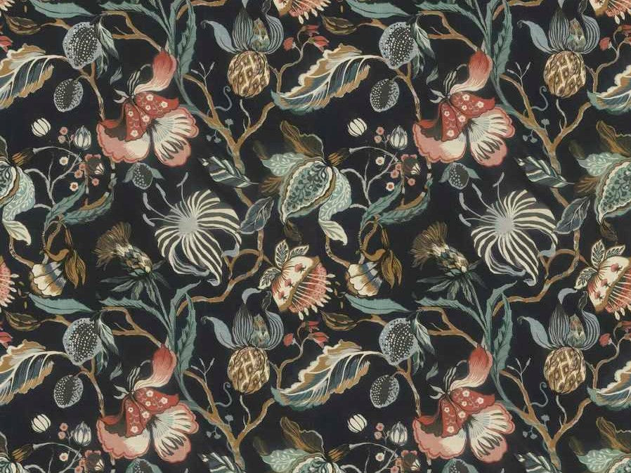 British Made Cotton Linen Black Coral Red Olive Blue Ivory Teal Jacobean Floral Upholstery Drapery Fabric