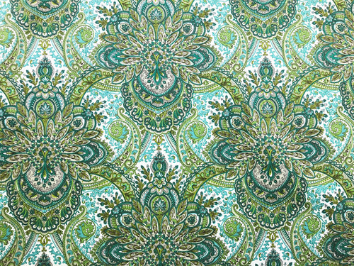 British Cotton Paisley Emerald Teal Lime Green Gray White Drapery Fabric Made in the UK