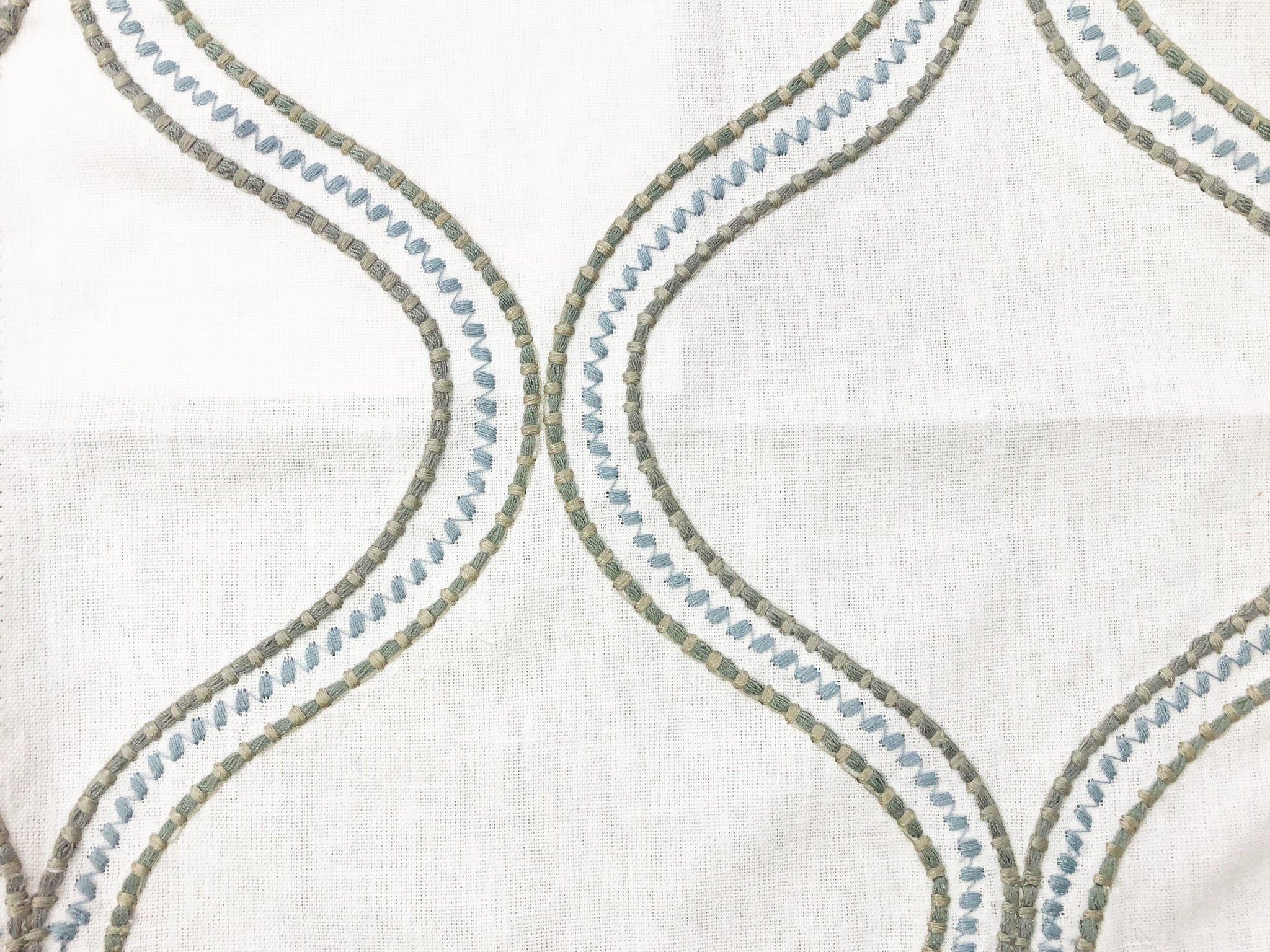 Off White Blue Trellis Drapery Fabric, Fabric Bistro, Columbia