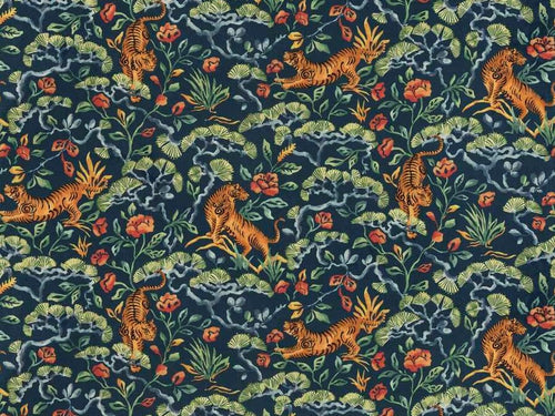 Cotton Linen Navy Blue Orange Red Green Chinoiserie Tiger Drapery Fabric