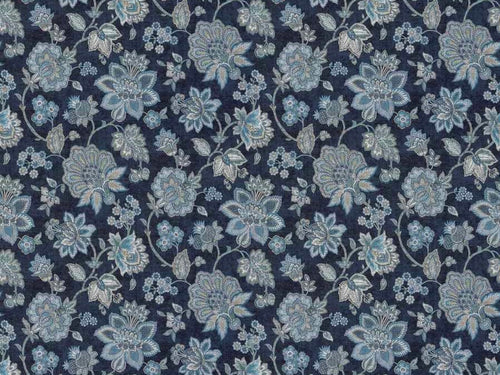 Navy Blue Turquoise Taupe Jacobean Floral Drapery Fabric