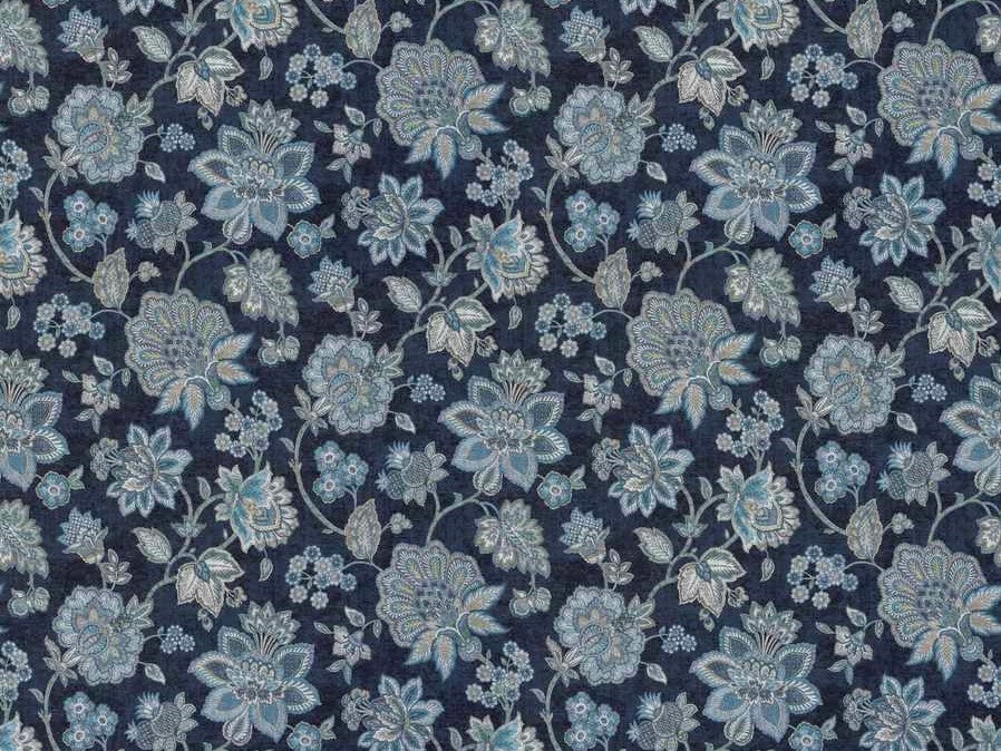 Navy Blue Turquoise Taupe Jacobean Floral Drapery Fabric