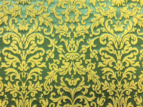 Designer Olive Green Mustard Gold Brocade Damask Embossed Upholstery Drapery Fabric