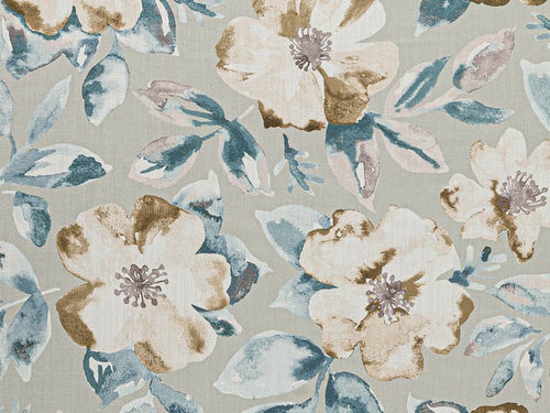 Seafoam Grey Navy Blue Cream Brown Floral Upholstery Drapery Fabric