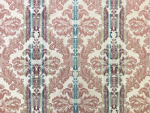 Load image into Gallery viewer, 54&quot; Wide Reversible Burgundy Mauve French Blue Beige Ivory Vintage Damask Floral Stripe Cotton Upholstery Drapery Fabric