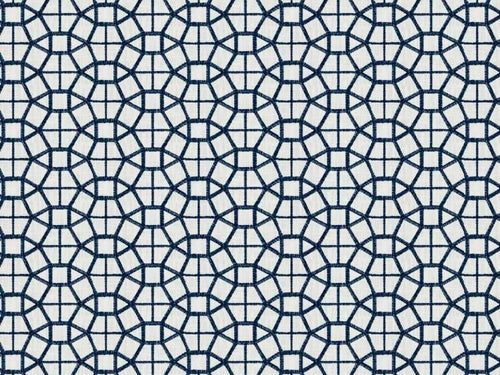 White Navy Blue Geometric Abstract Embroidered Drapery Fabric