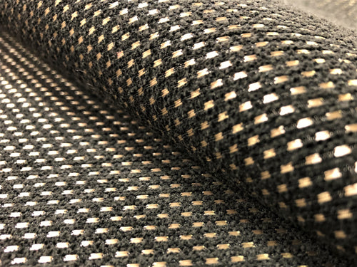 Designer Black Beige Shimmery Woven Small Scale Geometric Tweed MCM Mid Century Modern Upholstery Drapery Fabric