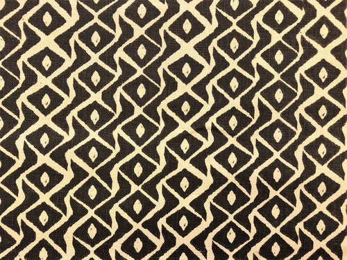 Peter Fasano Sarpa Chocolate Brown Ivory Hand Printed Pure Linen Ethnic Tribal Diamond Geometric Upholstery Fabric