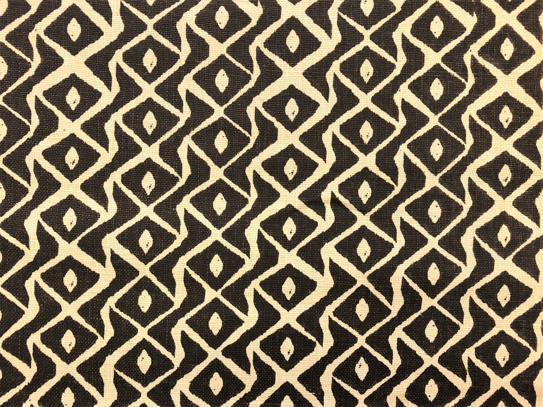 Peter Fasano Sarpa Chocolate Brown Ivory Hand Printed Pure Linen Ethnic Tribal Diamond Geometric Upholstery Fabric