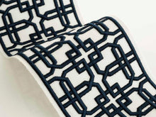 Load image into Gallery viewer, White Navy Blue Geometric Embroidered Drapery Tape Trim