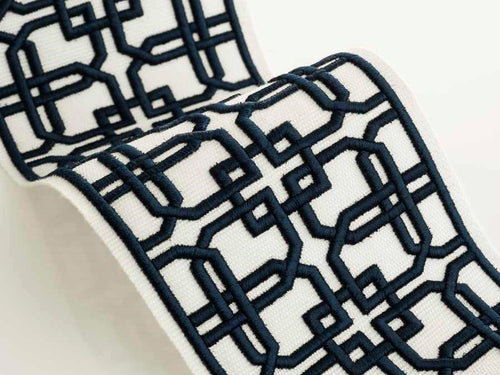 White Navy Blue Geometric Embroidered Drapery Tape Trim