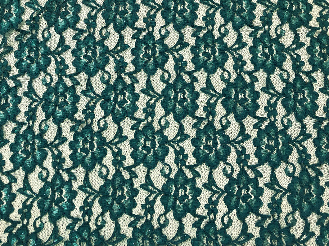 Green Teal Floral Embroidered Alencon Sequined Tulle Lace Fabric