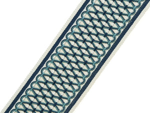 3" Wide Geometric Embroidered Navy Aqua Blue Off White Drapery Tape Trim