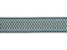 Load image into Gallery viewer, 3&quot; Wide Geometric Embroidered Navy Aqua Blue Off White Drapery Tape Trim