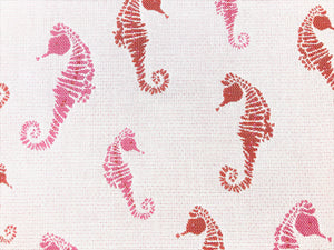 Water & Stain Resistant Indoor Outdoor White Magenta Pink Sea Horse Nautical Tropical Upholstery Drapery Fabric