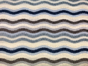 Designer Plush Textured Geometric Wave Taupe Navy Blue Cream Ivory Stripe Nautical Upholstery Drapery Fabric