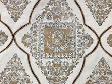 Load image into Gallery viewer, Designer Cotton Linen Printed Medallion Embroidered Gold Metallic Ivory Black Upholstery Drapery Fabric