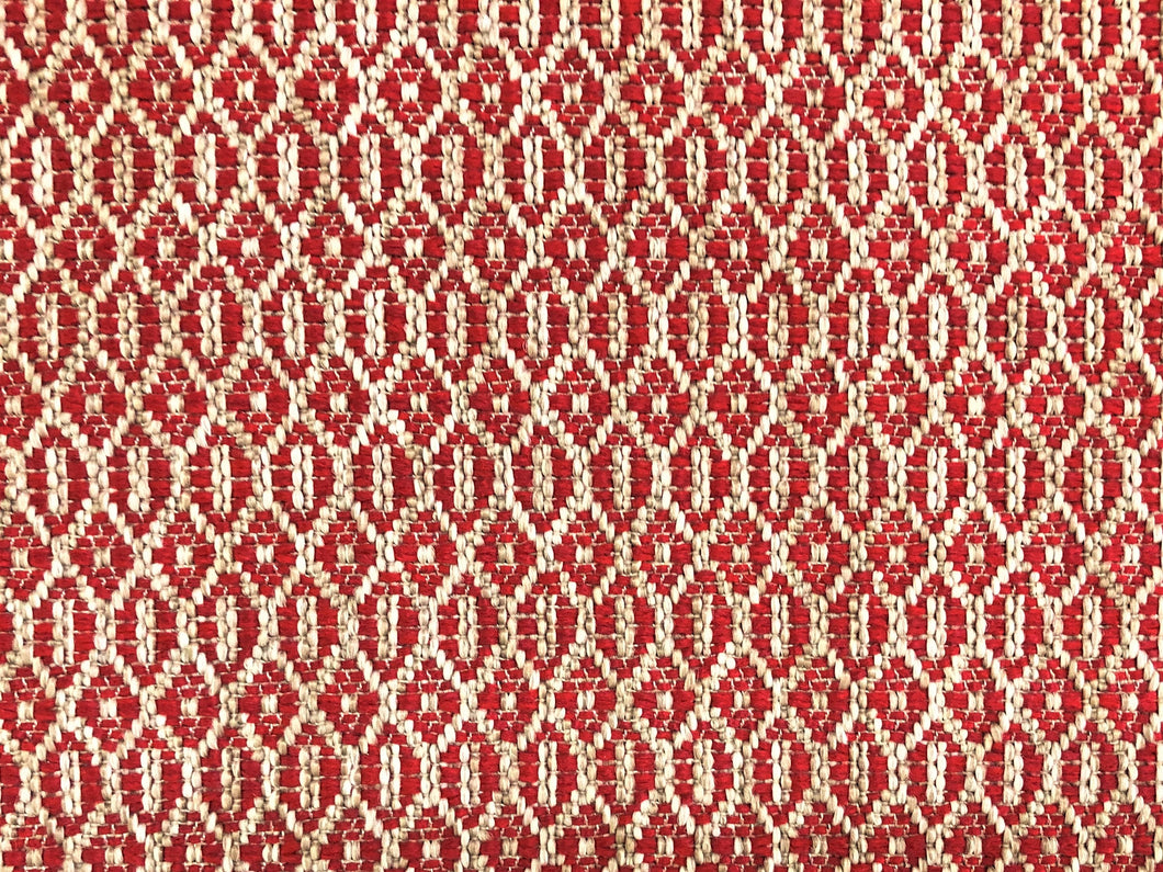 Designer Ruby Red Beige Woven Geometric Art Deco Upholstery Fabric