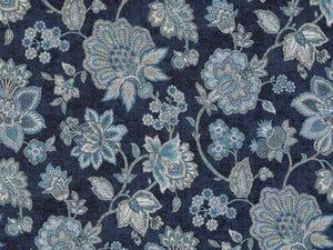 Navy Blue Turquoise Taupe Jacobean Floral Drapery Fabric