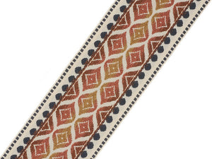 3.5" Wide Woven Geometric Burnt Orange Coral Indigo Ivory Drapery Tape Trim