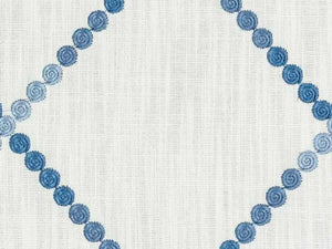 White French Blue Embroidered Geometric Drapery Fabric