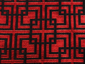 MAXWELL GRAND CENTRAL Volcano Black Red Geometric Fret Cut Velvet Upholstery Fabric