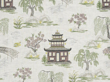 Load image into Gallery viewer, Linen Cotton Ivory Green Grey Mauve Botanical Pagoda Chinoiserie Asian Drapery Fabric