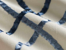 Load image into Gallery viewer, Cotton Poly Ivory Navy French Blue Trellis Embroidered Geometric Drapery Fabric