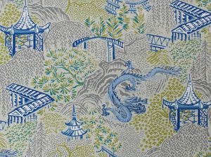 Cotton Linen Rayon Navy Blue Green Teal Grey Chinoiserie Dragon Upholstery Drapery Fabric