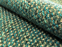 Load image into Gallery viewer, Designer Woven Basketweave Linen Blend Teal Blue Silver Gray Speckled Tweed Mid Century Modern Upholstery Fabric