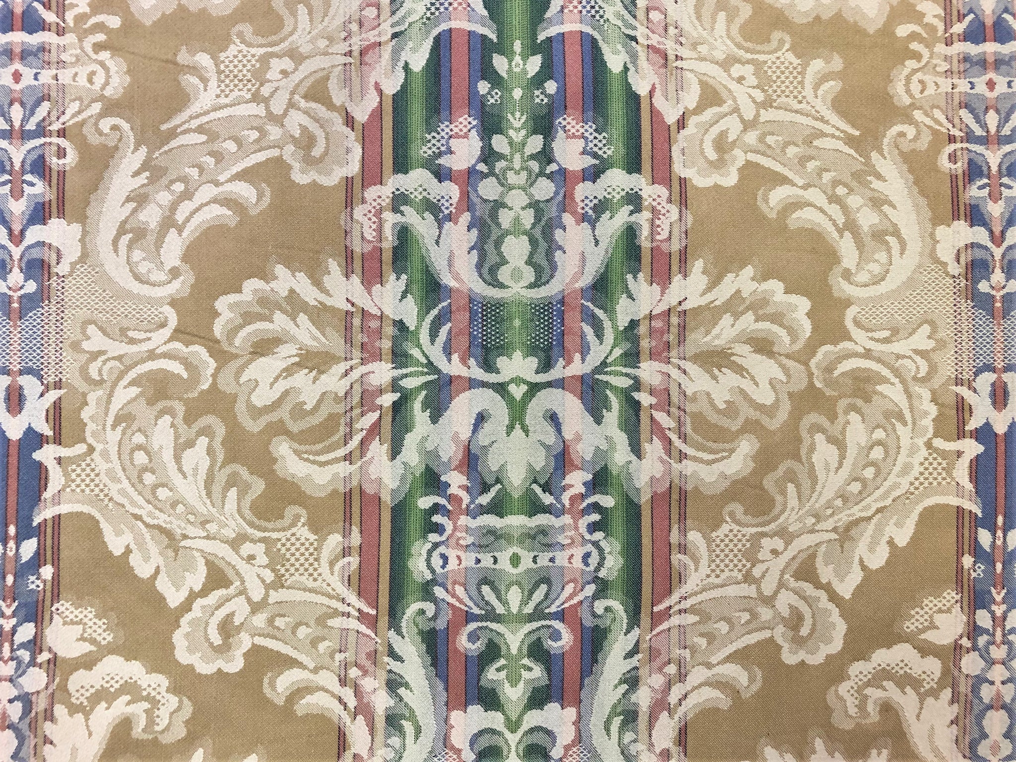 E606 Striped Brown, Green And Gold Damask Upholstery Fabric By The