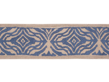 Load image into Gallery viewer, 2.5" Wide Linen Rayon French Blue Beige Embroidered Animal Pattern Drapery Tape Trim