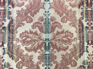 54" Wide Reversible Burgundy Mauve French Blue Beige Ivory Vintage Damask Floral Stripe Cotton Upholstery Drapery Fabric