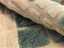 Load image into Gallery viewer, Water &amp; Stain Resistant Seafoam Green Cream Geometric Check Cut Velvet Upholstery Fabric