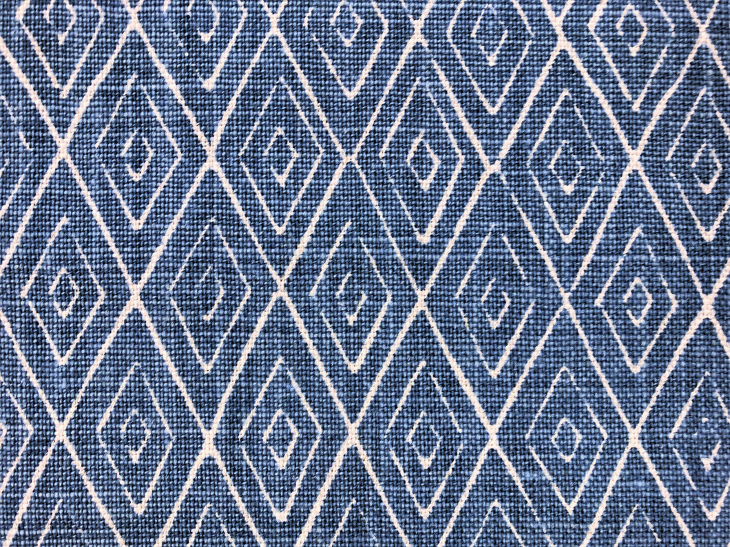 Peter Dunham Atlas Indigo Blue White Diamond Geometric Pattern Linen Upholstery Drapery Fabric