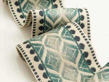 Load image into Gallery viewer, 3.5" Wide Woven Geometric Teal Blue Indigo Beige Drapery Tape Trim