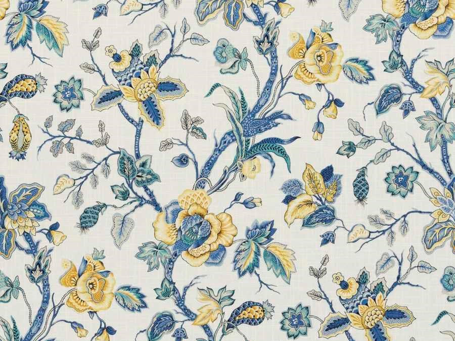 Ivory Yellow Gold Mustard Blue Teal Floral Drapery Fabric