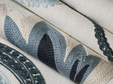 Load image into Gallery viewer, White Navy Aqua Blue Beige Embroidered Crewel Floral Drapery Fabric