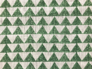 Designer Pyramids Block Printed Linen Green Off White Geometric Fabric
