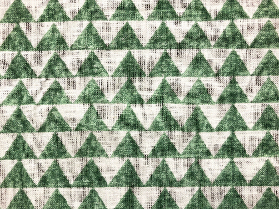 Designer Pyramids Block Printed Linen Green Off White Geometric Fabric