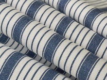 Load image into Gallery viewer, Cream Denim Blue Nautical Ticking Stripe Upholstery Drapery Fabric